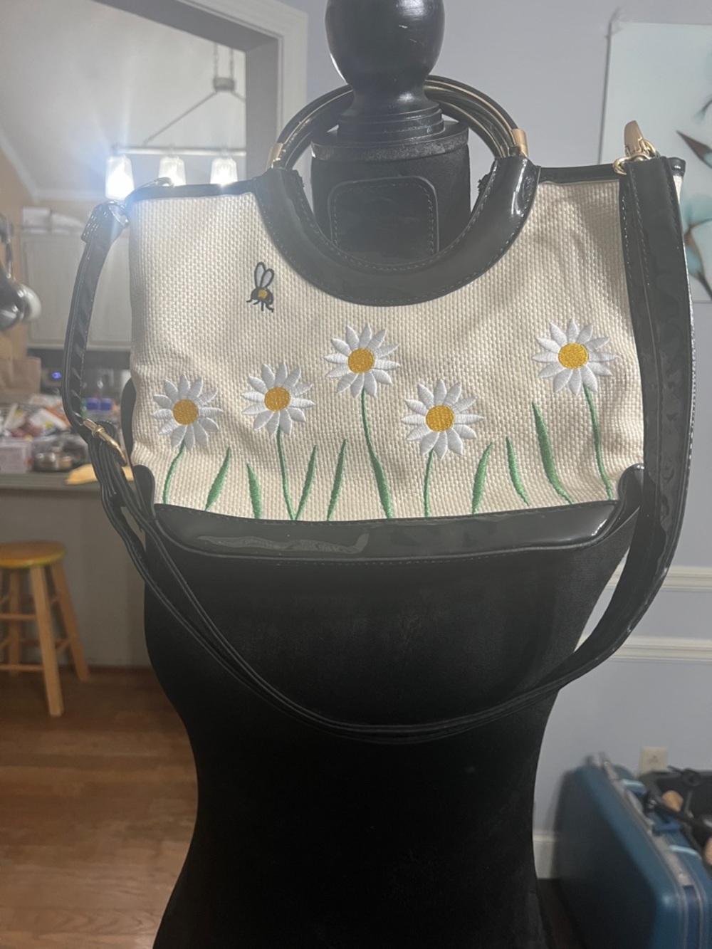 Lulu Guinness Cream Canvas Daisy Embroidered Shoulder Bag with Black Trim